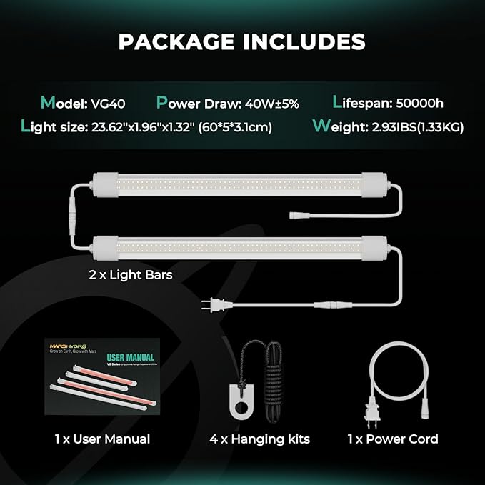 MARS HYDRO VG40, 2ft Grow Lights for Indoor Plants, 5000K Full Spectrum, 2x2 Coverage, IP65