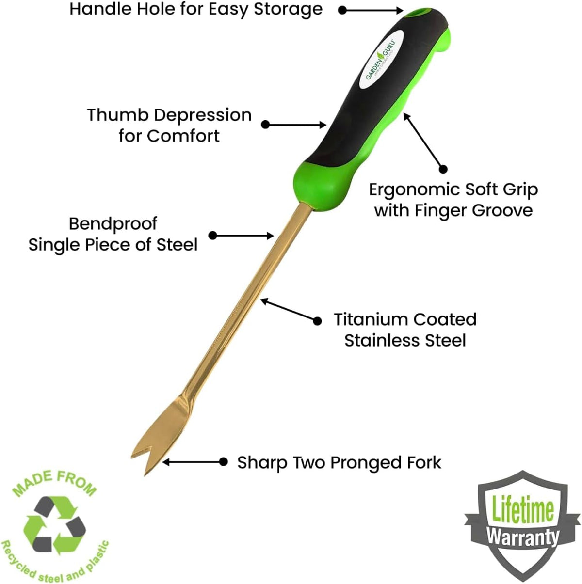 Garden Guru Titanium Dandelion Weeder Tool - Rust Resistant - Ergonomic Handle - Weed Puller for