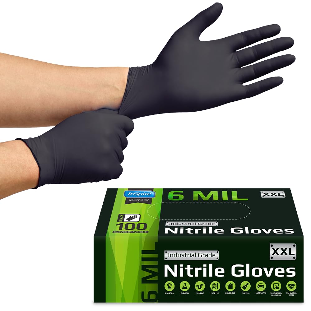 Inspire Black Nitrile Gloves HEAVY DUTY 6 Mil Nitrile Chemical Resistant Medical Cooking Cleaning