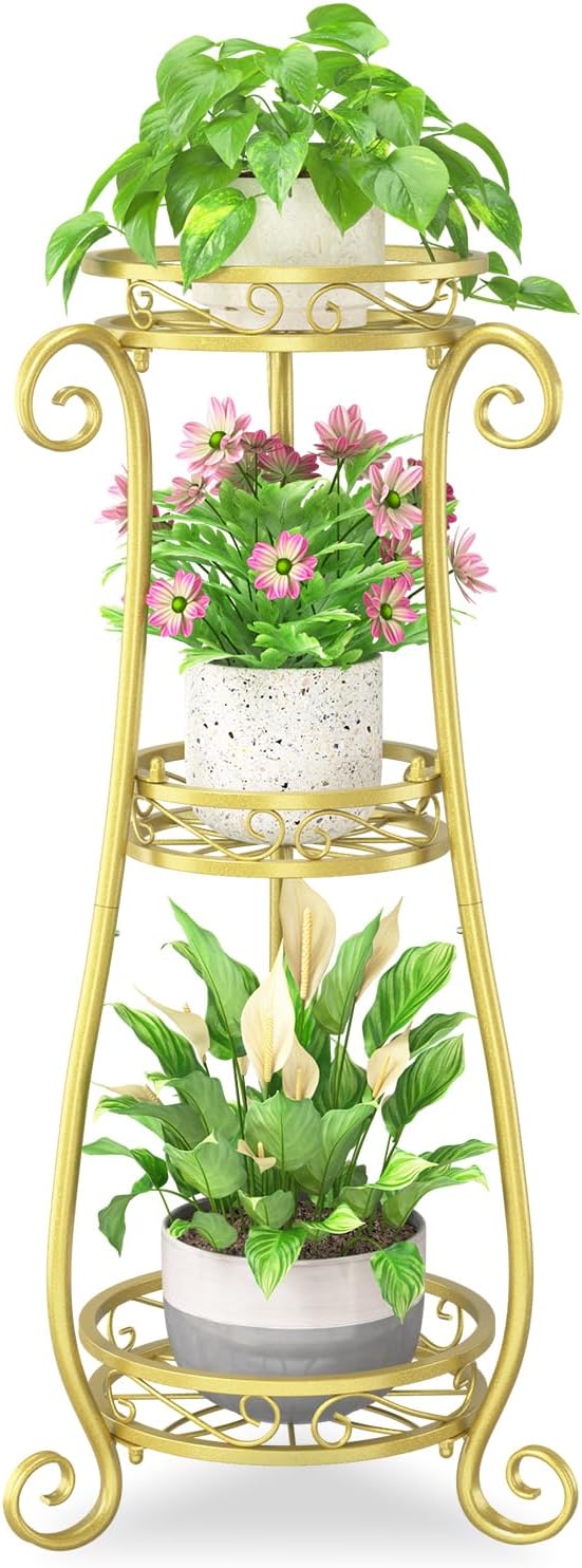 iDavosic.ly 3 Tier Metal Plant Stand Indoor Outdoor, Wrought Iron Corner Tall Flower Pot Holder