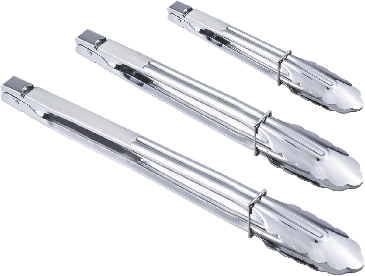 Stainless Steel Spring Locking Food Tong Set Utility Metal Tongs for Serving Cooking Grilling and