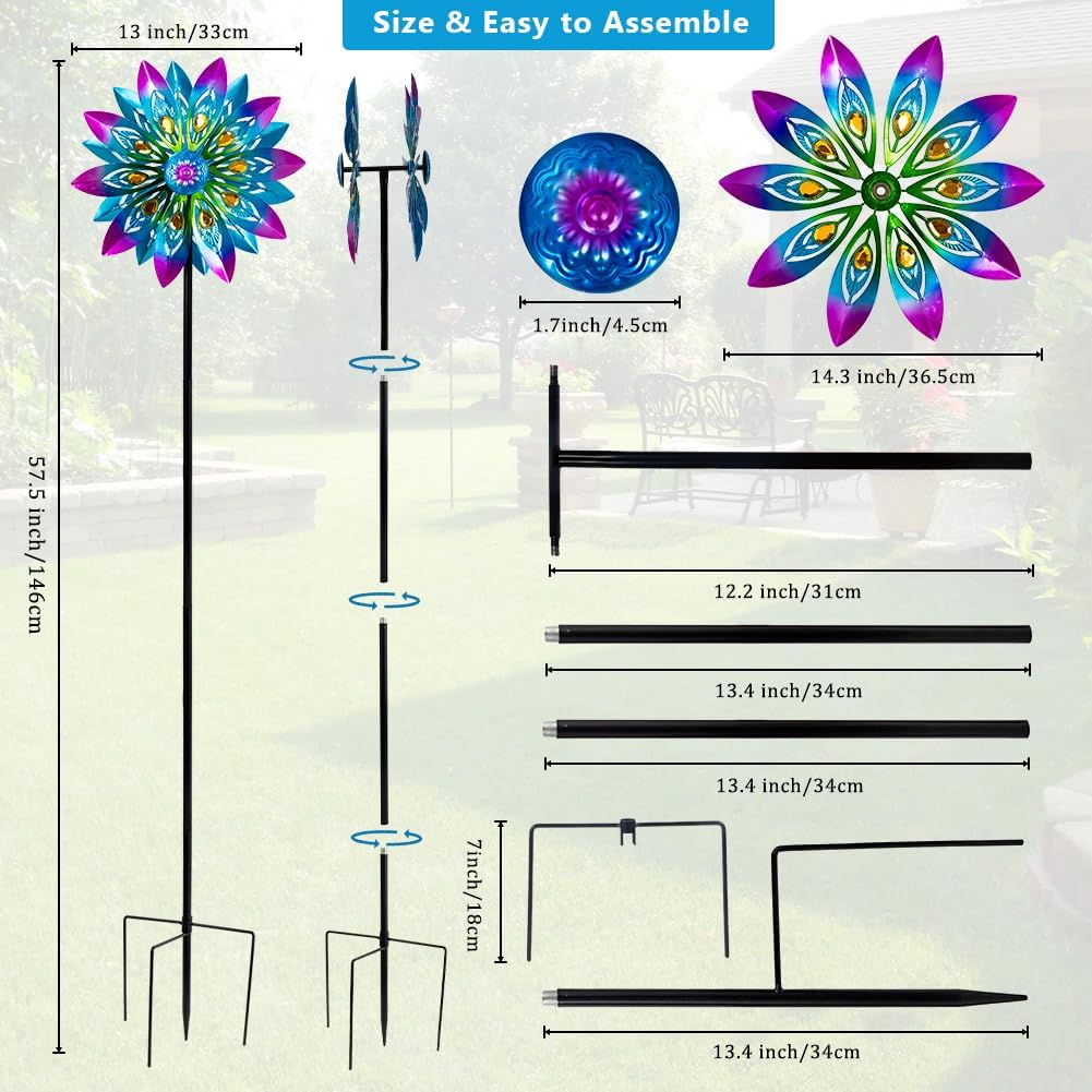Metal Wind Spinner,13” Wind Spinners Outdoor,Peacock Windmill with Stake,Kinetic Wind Spinners for
