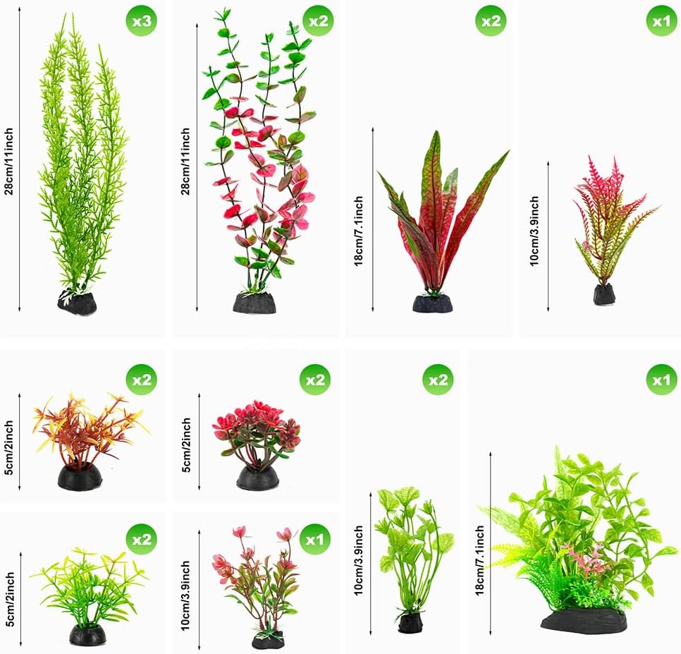 18-Piece Artificial Aquarium Plants Decorations – Large Set with Red & Green Foliage, Fish Tank