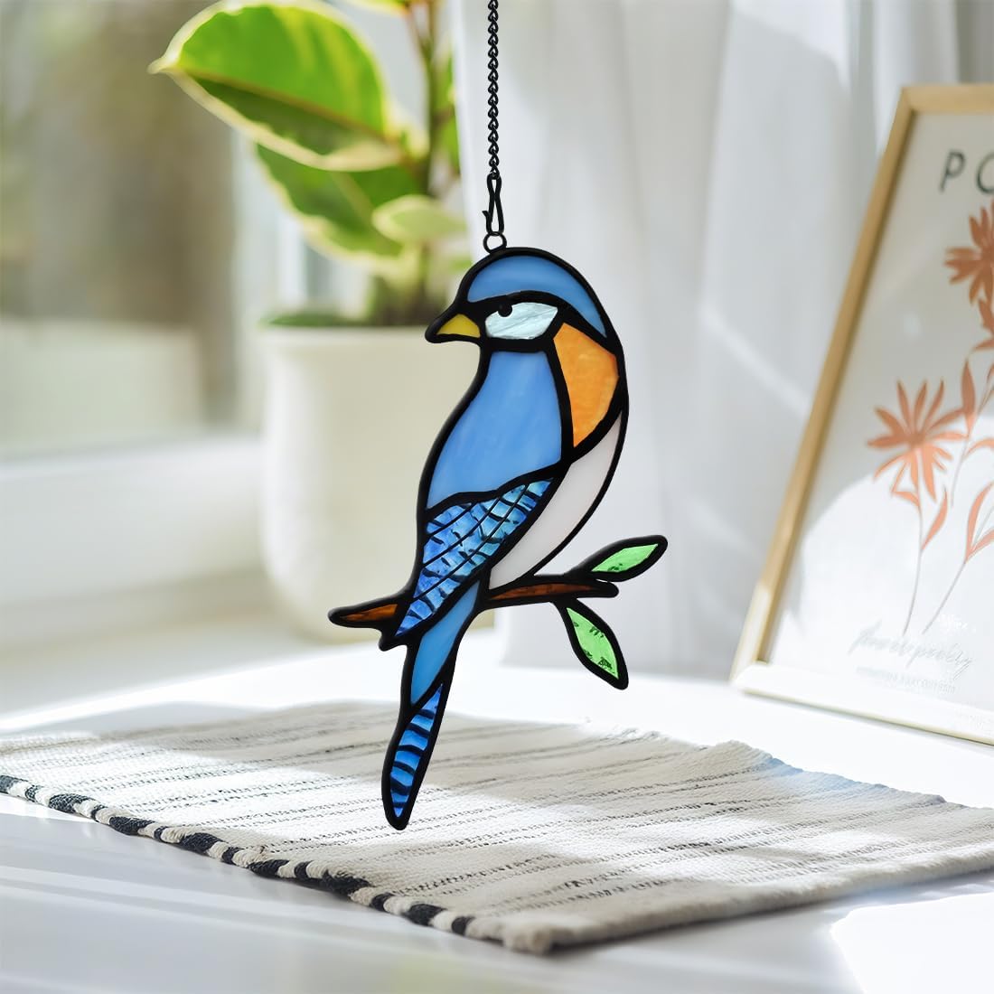 BOXCASA Blue Birds Decor Stained Glass Suncathers for Window,Stained Glass Bird Window