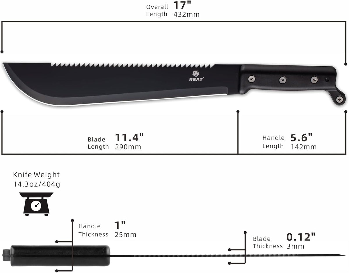REAT Machete with Saw, 17" Full Tang Fixed Blade Hunting Knife with Sheath, Ergonomic No-Slip