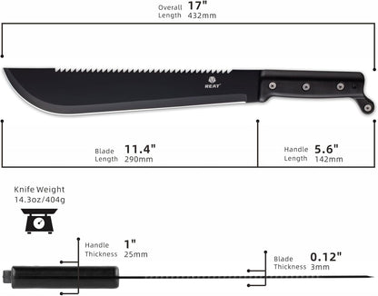 REAT Machete with Saw, 17" Full Tang Fixed Blade Hunting Knife with Sheath, Ergonomic No-Slip