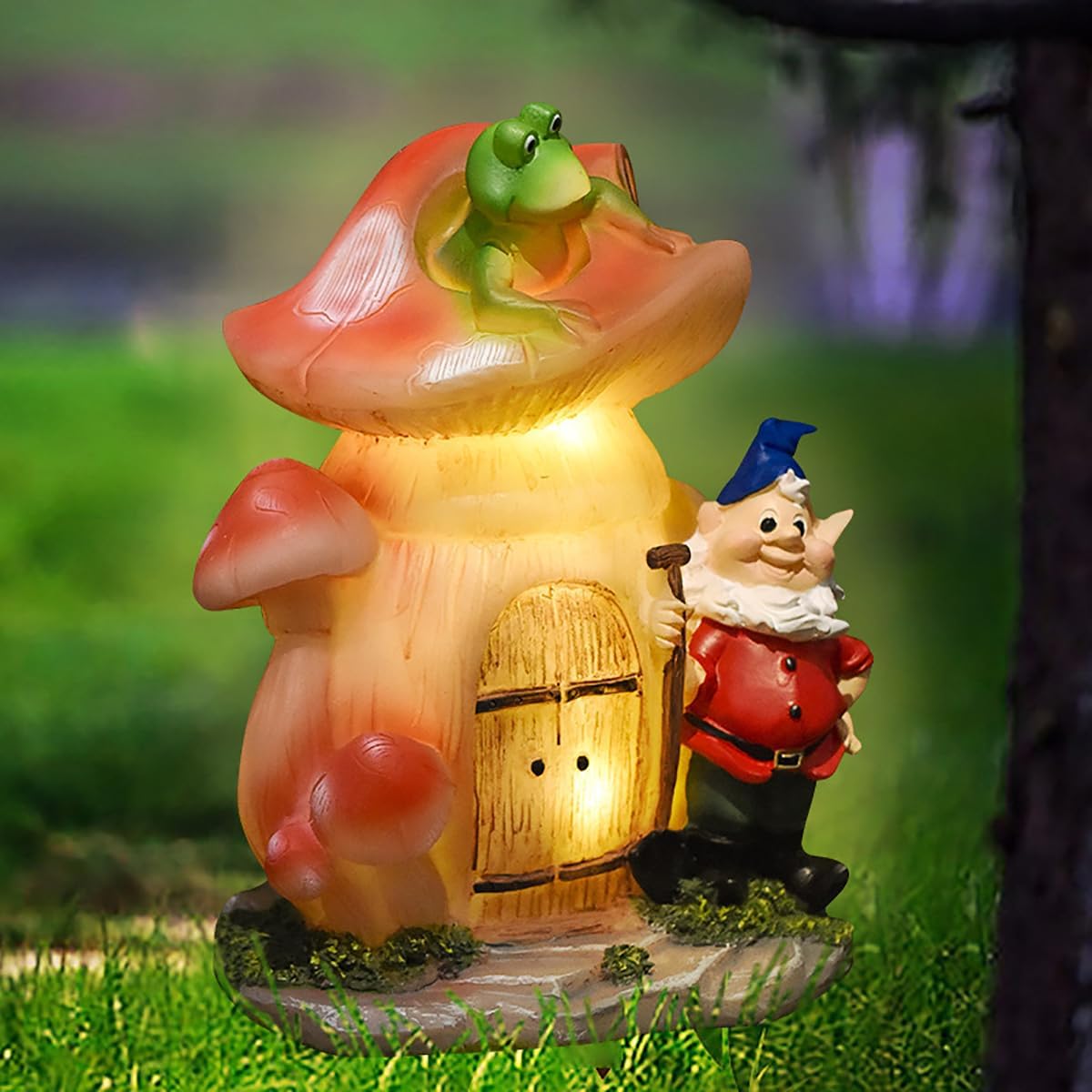 VINIUSIKI Garden Statues Mushroom House Gnome with Solar Light, LED Outdoor Fairy House Statue for