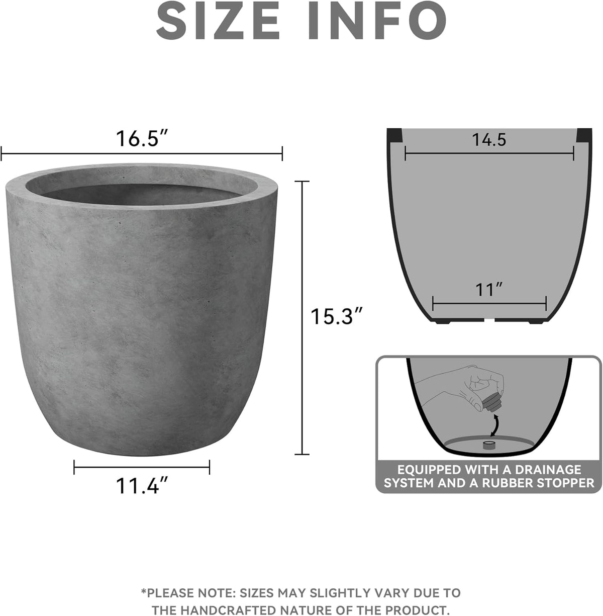 Kante 16.5" Dia Round Concrete Planter, Large Outdoor Modern Indoor Decorative Plant Pots with