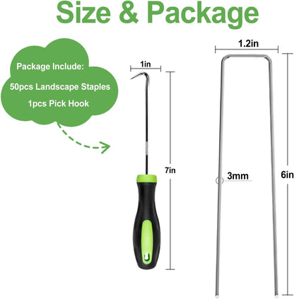 FOTMISHU Landscape Staples 6 Inch 50Pcs Garden Stakes, Galvanized Lawn Pins Spray Coating Yard