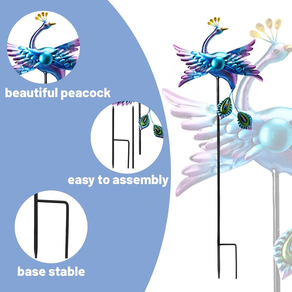 WONDER GARDEN Wind Spinners Outdoor - 2 Pack Small Metal Blue Peacock Wind Spinner Windmill, Wind