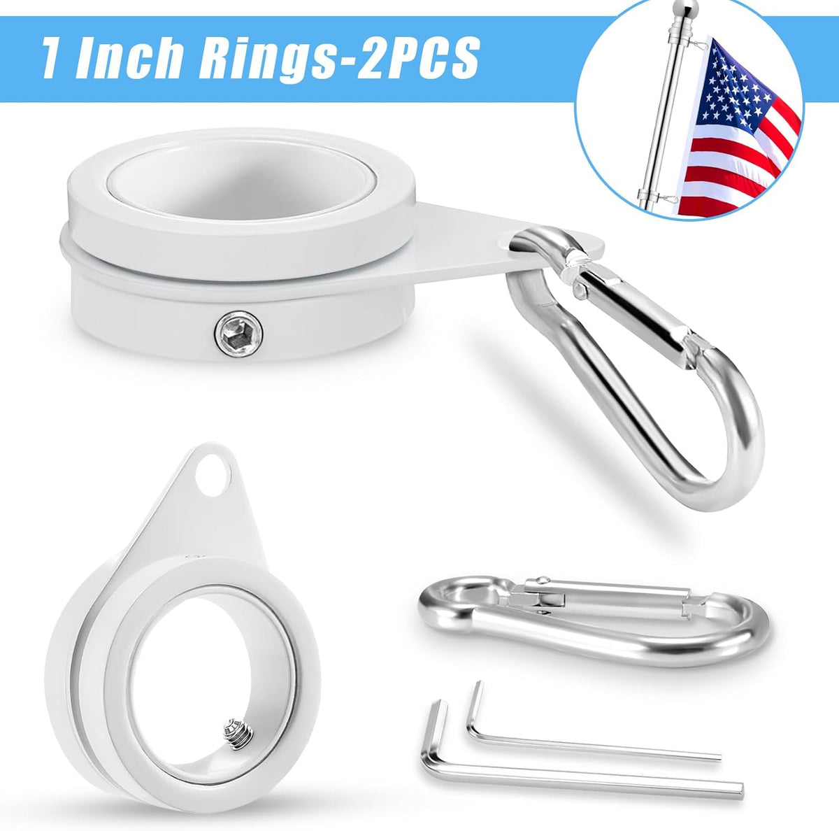 1" White Flag Pole Rings, 2 Pcs Anti Wrap Aluminum Alloy Flag Pole Clips Swivels, 360° Rotating