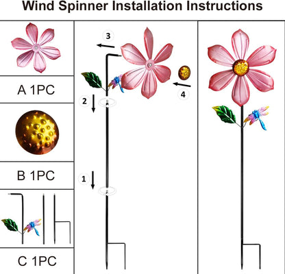 Metal Outdoor Flower Wind Spinner with Pink Floral & Gold Dragonfly, Decorative Kinetic Wind