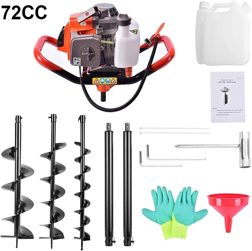 72cc Post Hole Digger 2-Stroke Petrol Gas Powered Earth Digger with 2 Extension Rods + 3 Auger