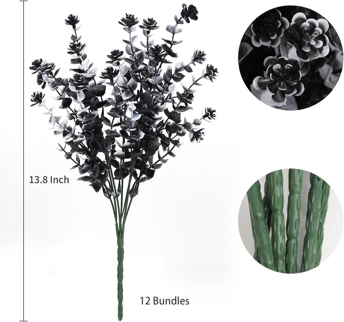 RECUTMS Black Artificial Flowers, 12 Pcs Fake Outdoor UV Resistant Plants Faux Plastic Greenery