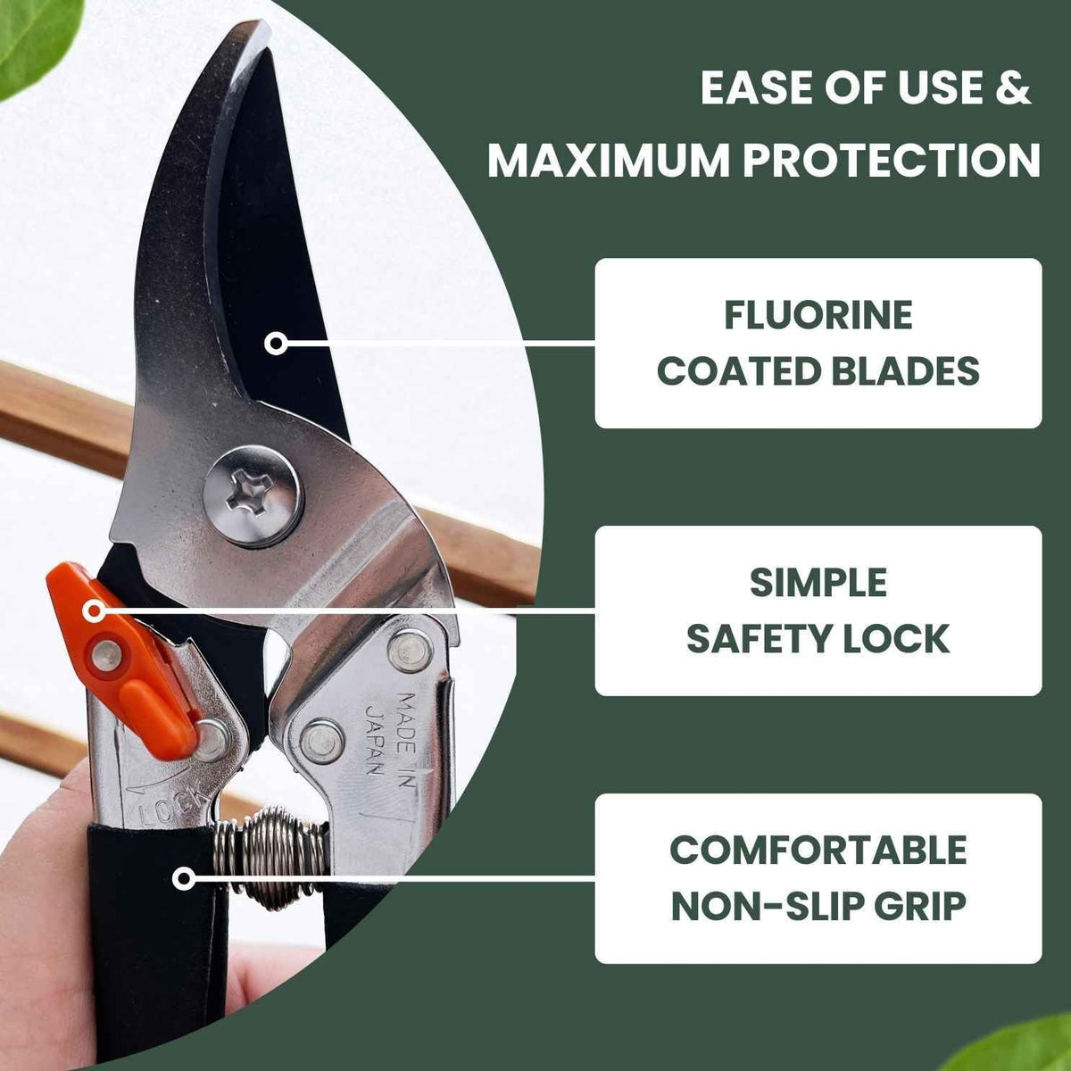 Saboten 7.9-Inch Bypass Pruning Shears, Fluorine-Coated High-Carbon Steel Blade, Ergonomic Non-Slip