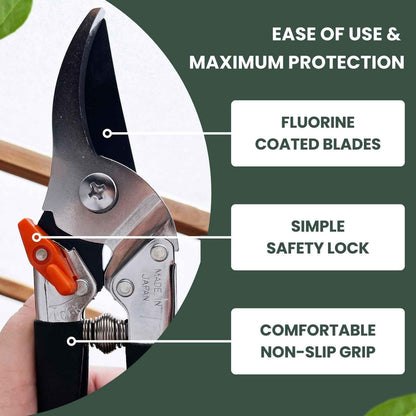 Saboten 7.9-Inch Bypass Pruning Shears, Fluorine-Coated High-Carbon Steel Blade, Ergonomic Non-Slip