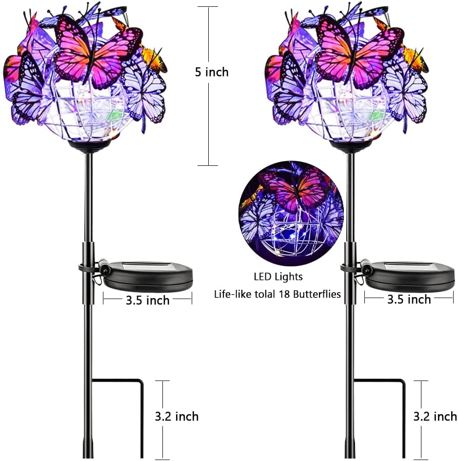 Outdoor Solar Lights 2 Pack, Solar Garden Lights with 18 Butterflies Decoration Outdoor Lamps