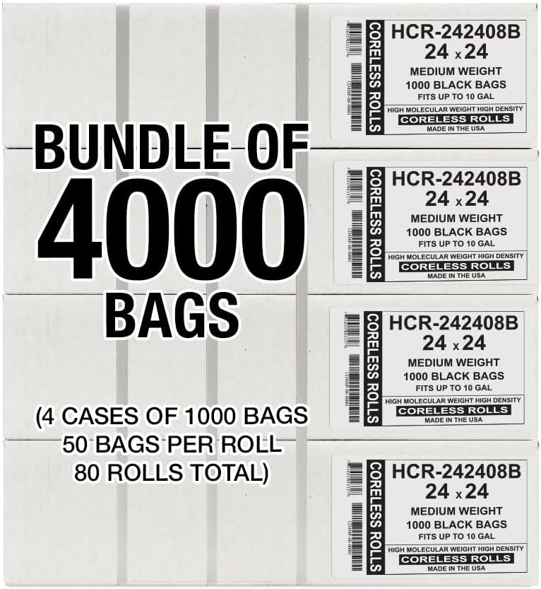 Aluf Plastics High Density Trash Bags, 10 Gallon, 4000 Count, 8 Micron (eq), 24" x 24", Black, for