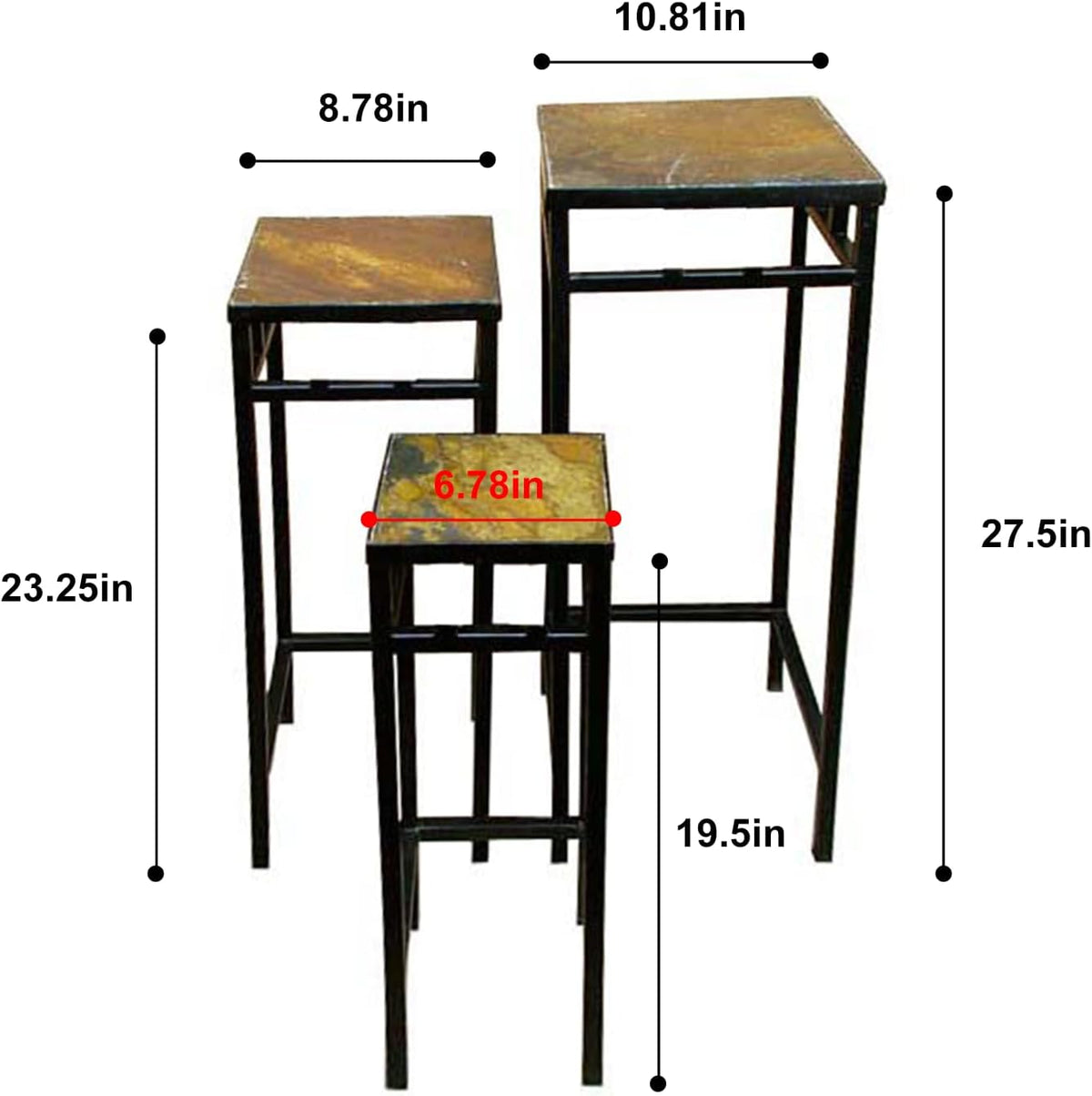 Zhongma Set of 3 Metal Plant Stand with Slate Top Square Flower Shelf without Installation Required