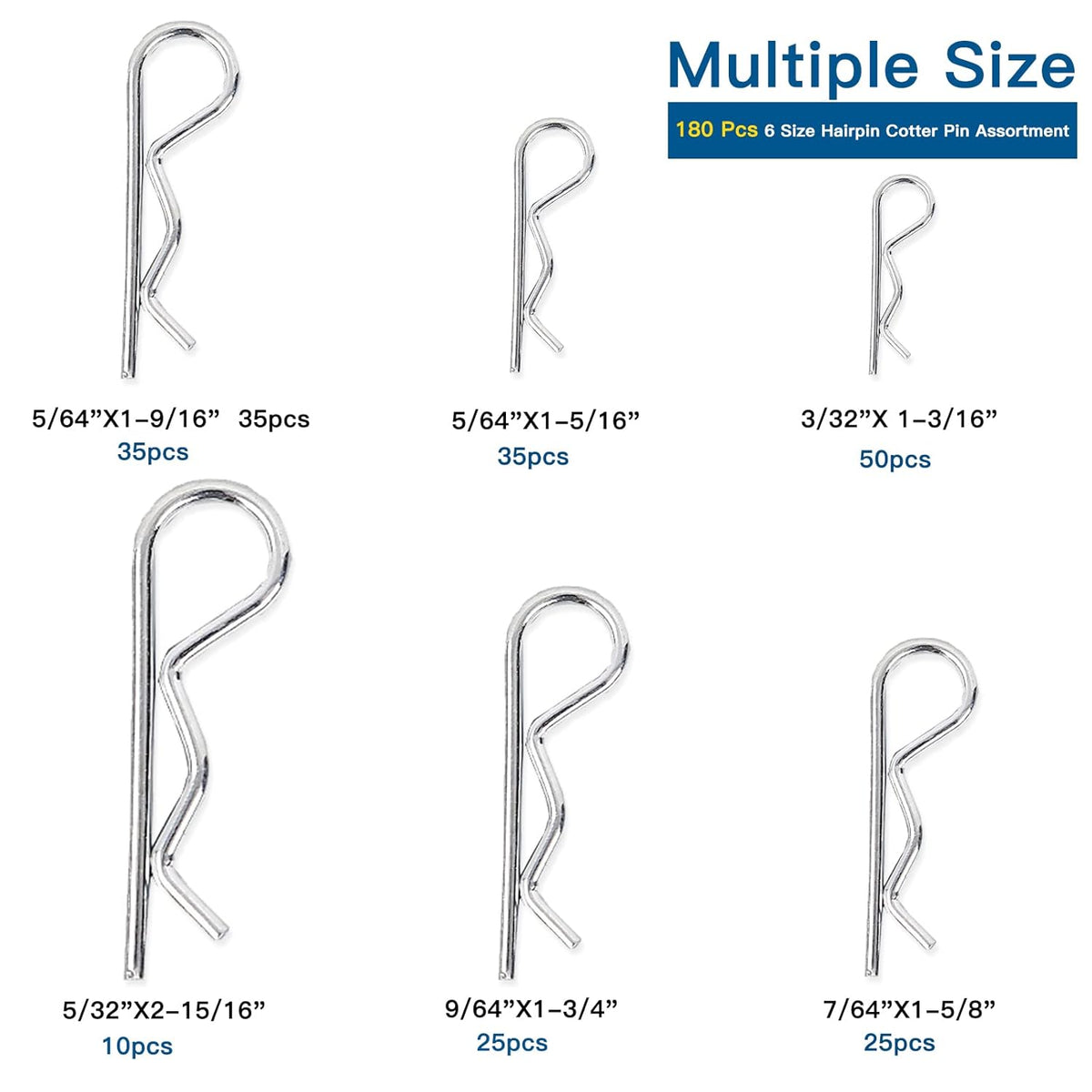 Boatsea Cotter Pin Assortment Kit, 180PCS 6 Sizes Hair Pin R Clips Assortment Kit, Zinc Plated