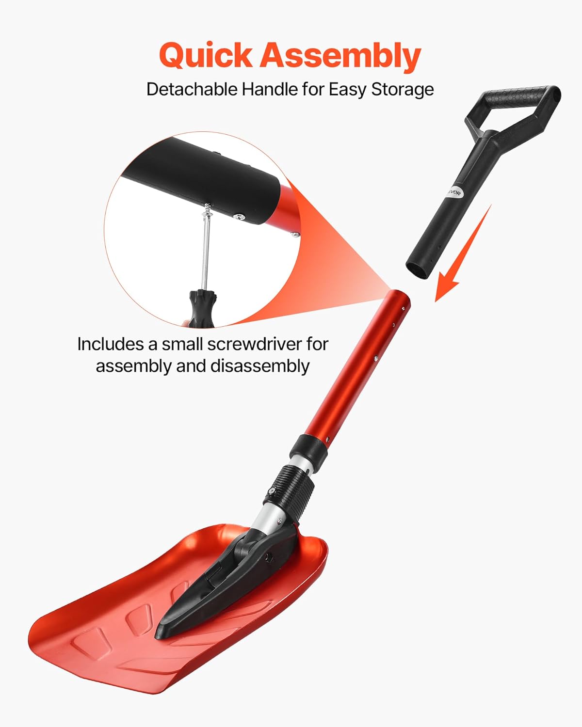 VEVOR Snow Shovel for Driveway, 9 in Foldable Snow Shovel with D-Shaped Handle, 36-40 in