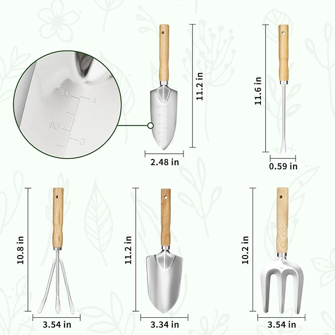 Garden Tool Set, 5 Pcs Gardening Tool Set with Weeder Puller, Dibber, Transplanter, Big Trowel