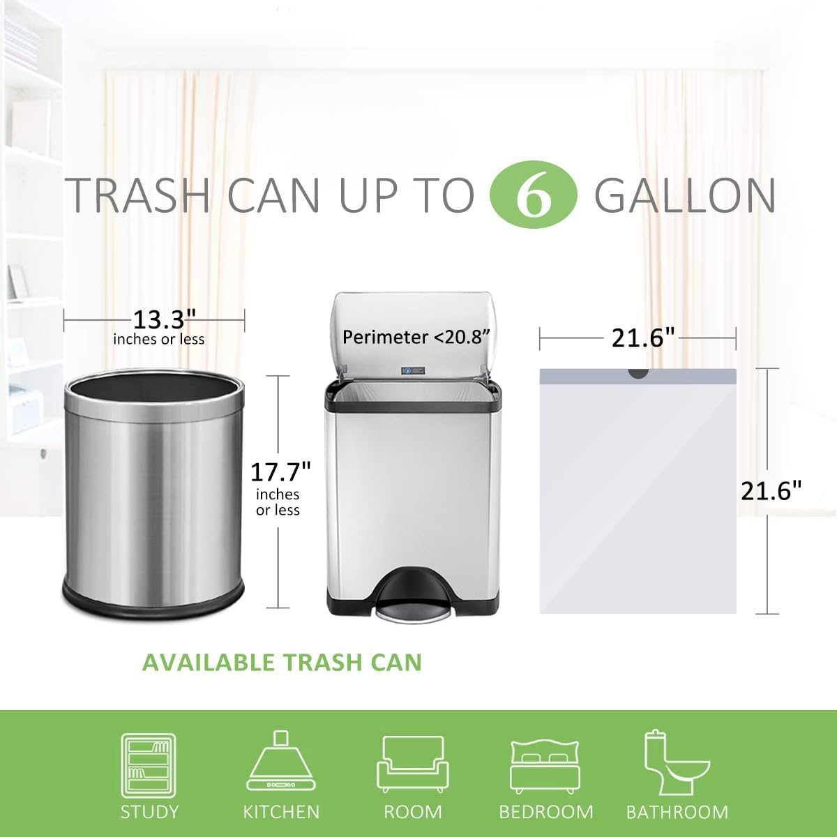 6 Gallon 120pcs Strong Drawstring Trash Bags Garbage Bags by Teivio, Bathroom Trash Can Bin Liners