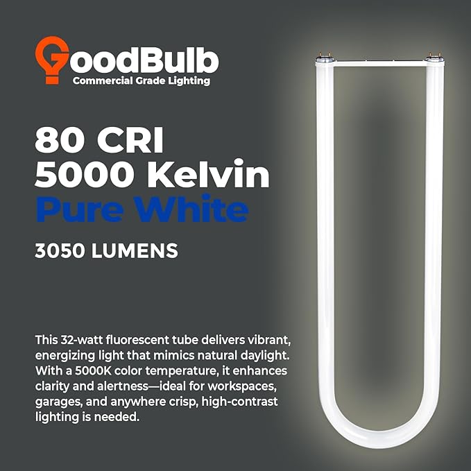 GoodBulb 32 Watt 6 Inch T8 Fluorescent U-Bend Light Bulb 5000K Daylight Medium Bi-Pin Base High