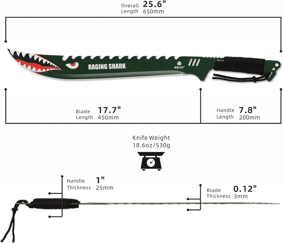 REAT Machete with Sheath, 25.5" Full Tang 420 Stainless Steel Blade with Raging Shark Green