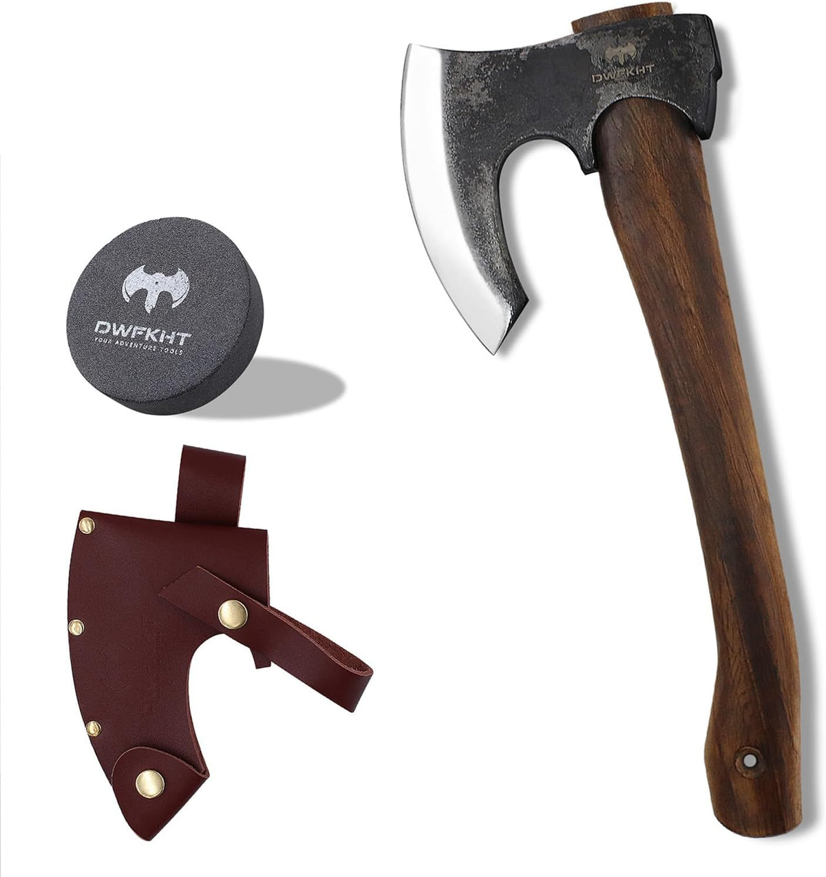 14.6" Hatchet, Camping Hatchet with Leather Sheath, Bushcraft Axe with 1065 Carbon Steel & Beech