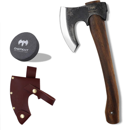 14.6" Hatchet, Camping Hatchet with Leather Sheath, Bushcraft Axe with 1065 Carbon Steel & Beech