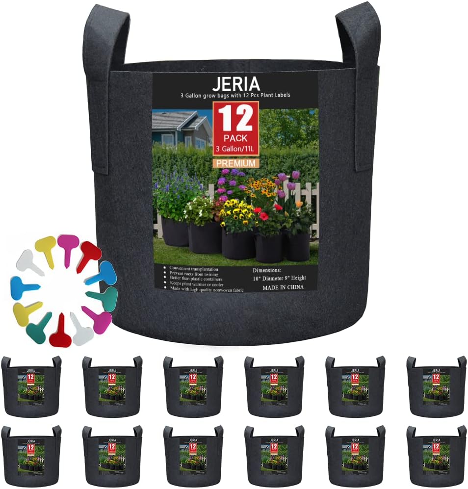 JERIA 12-Pack 3 Gallon, Vegetable/Flower/Plant Grow Bags, Aeration Fabric Pots with Handles