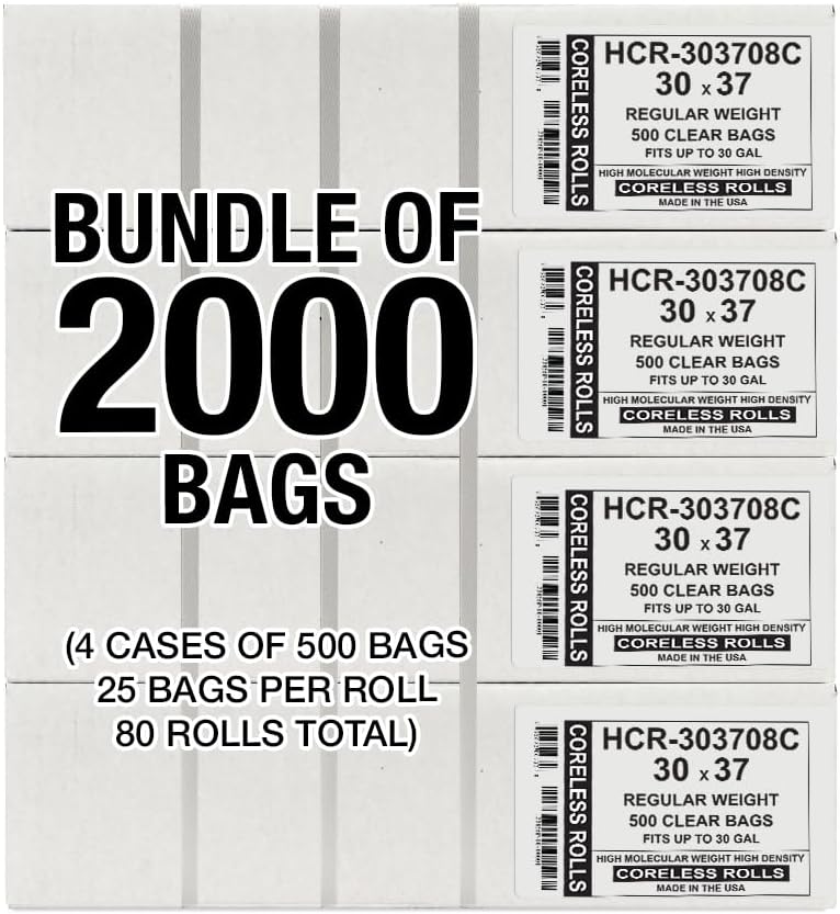 Aluf Plastics High Density Trash Bags, 30 Gallon, 2000 Count, 8 Micron (eq), 30" x 37", Clear, for