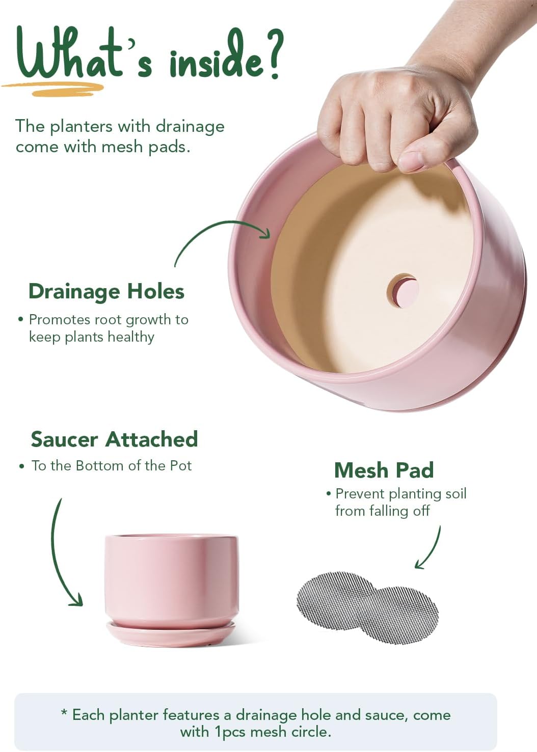 LE TAUCI Ceramic Plant Pots, 4.3+5.3+6.8 inch, Set of 3, Planters with Drainage Hole and Saucer