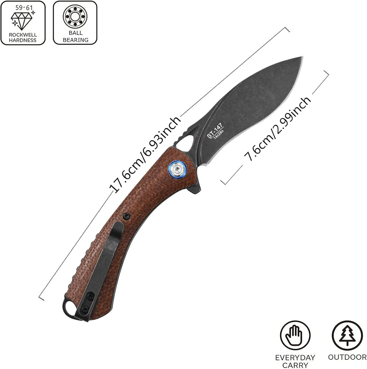 Sitivien ST147 Folding Pocket Knife,Black Stonewashed 14C28N Steel Blade with Micarta Handle