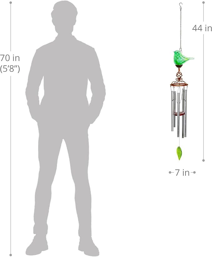 Wind Chimes, Solar Glass Bird Shape, LED, Outdoor Lawn and Patio Glass and Metal Decoration, 7 x 4
