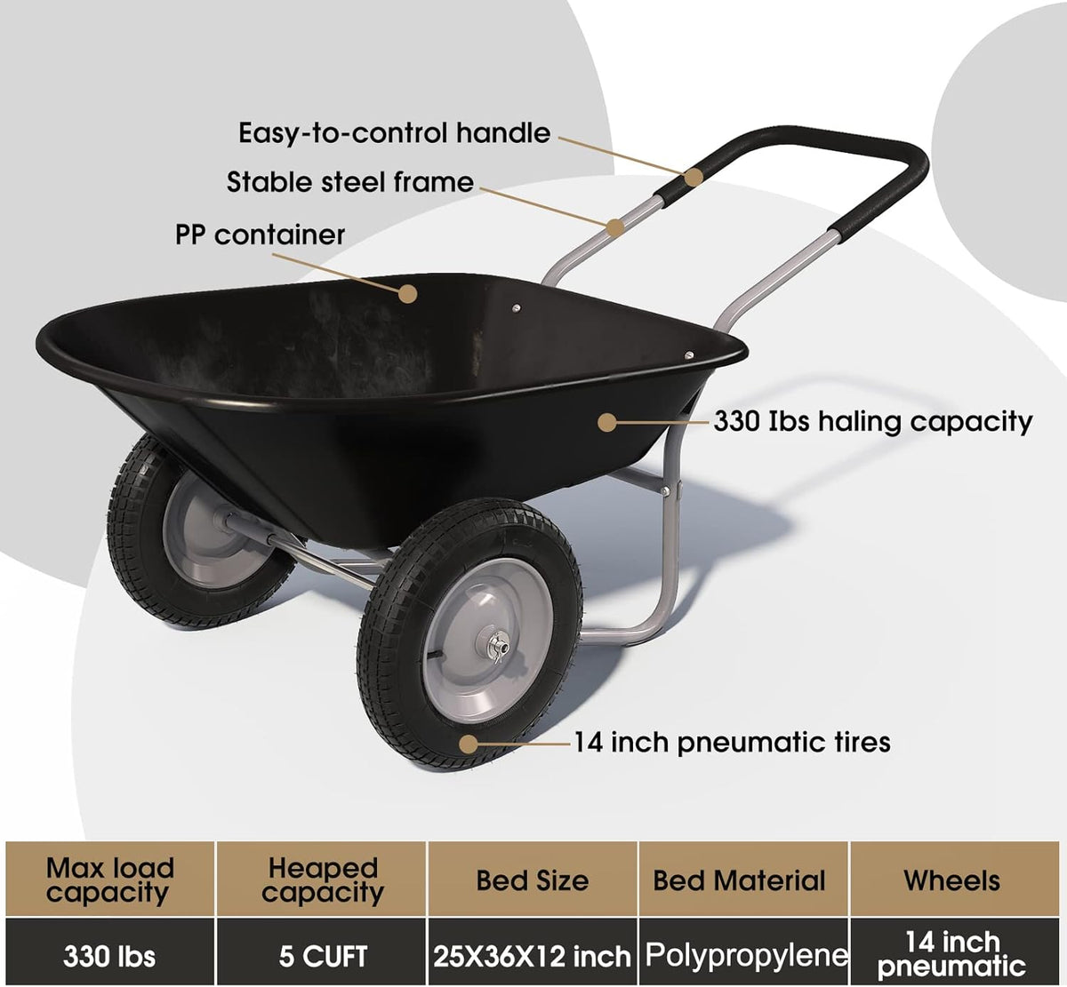 ARNOT Enlarged 2-Wheel Wheelbarrow, Easy Loading and Dumping Garden Cart, Heavy Duty Utility Dump