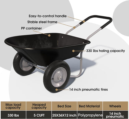 ARNOT Enlarged 2-Wheel Wheelbarrow, Easy Loading and Dumping Garden Cart, Heavy Duty Utility Dump