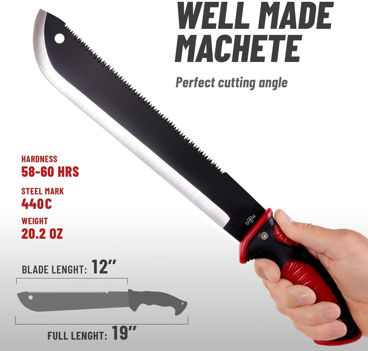 Machete with Saw - 19” Heavy Duty Tool & Sheath - Ergonomic No-Slip Handle - Survival Knife with