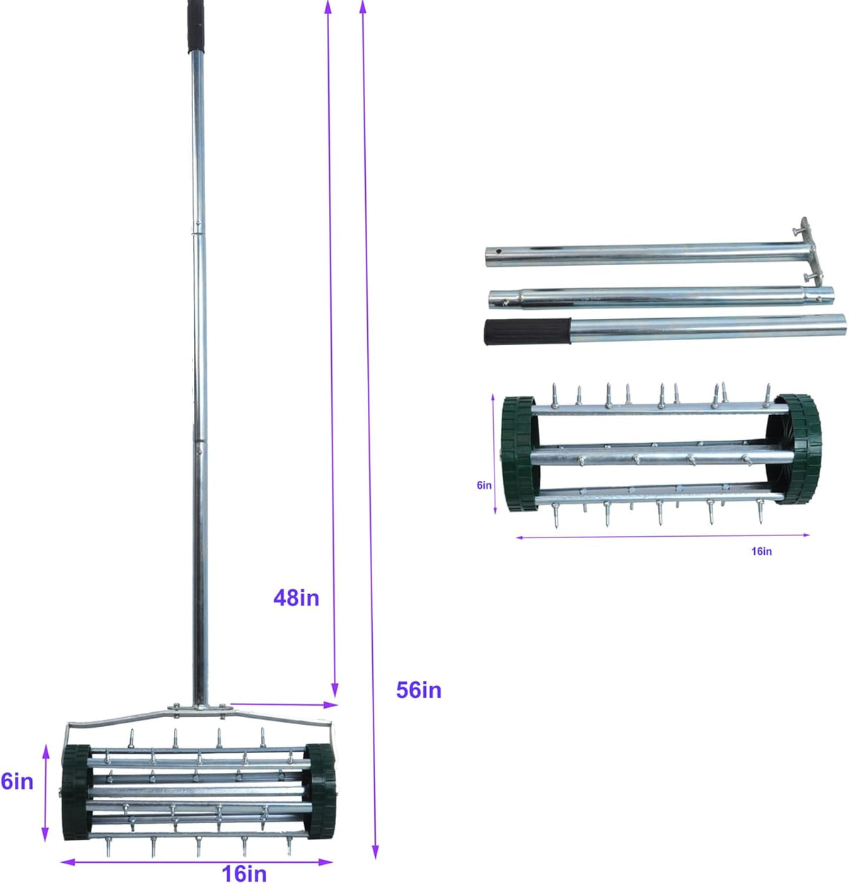 16-Inch Heavy Duty Rolling Lawn Aerator With Sharp Spikes & Anti-Slip Handle - Push Aerator for