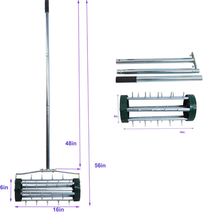 16-Inch Heavy Duty Rolling Lawn Aerator With Sharp Spikes & Anti-Slip Handle - Push Aerator for