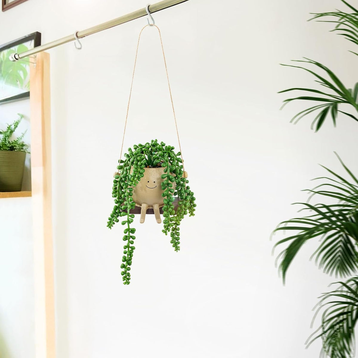 Artificial Succulents Hanging Plants Fake String of Pearls Trailing Plant in Cute Smiley Face Pot