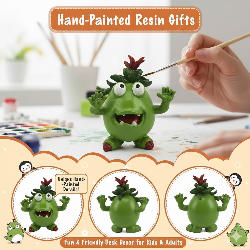 Cute Green Monster Resin Figurine Indoor Outdoor Garden Statue Whimsical Funny Desk Decor - Little