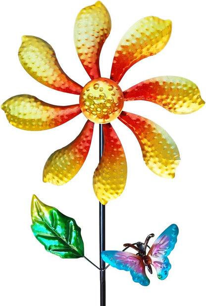 Metal Outdoor Flower Wind Spinner with Yellow Floral & Blue Butterfly, Decorative Kinetic Wind