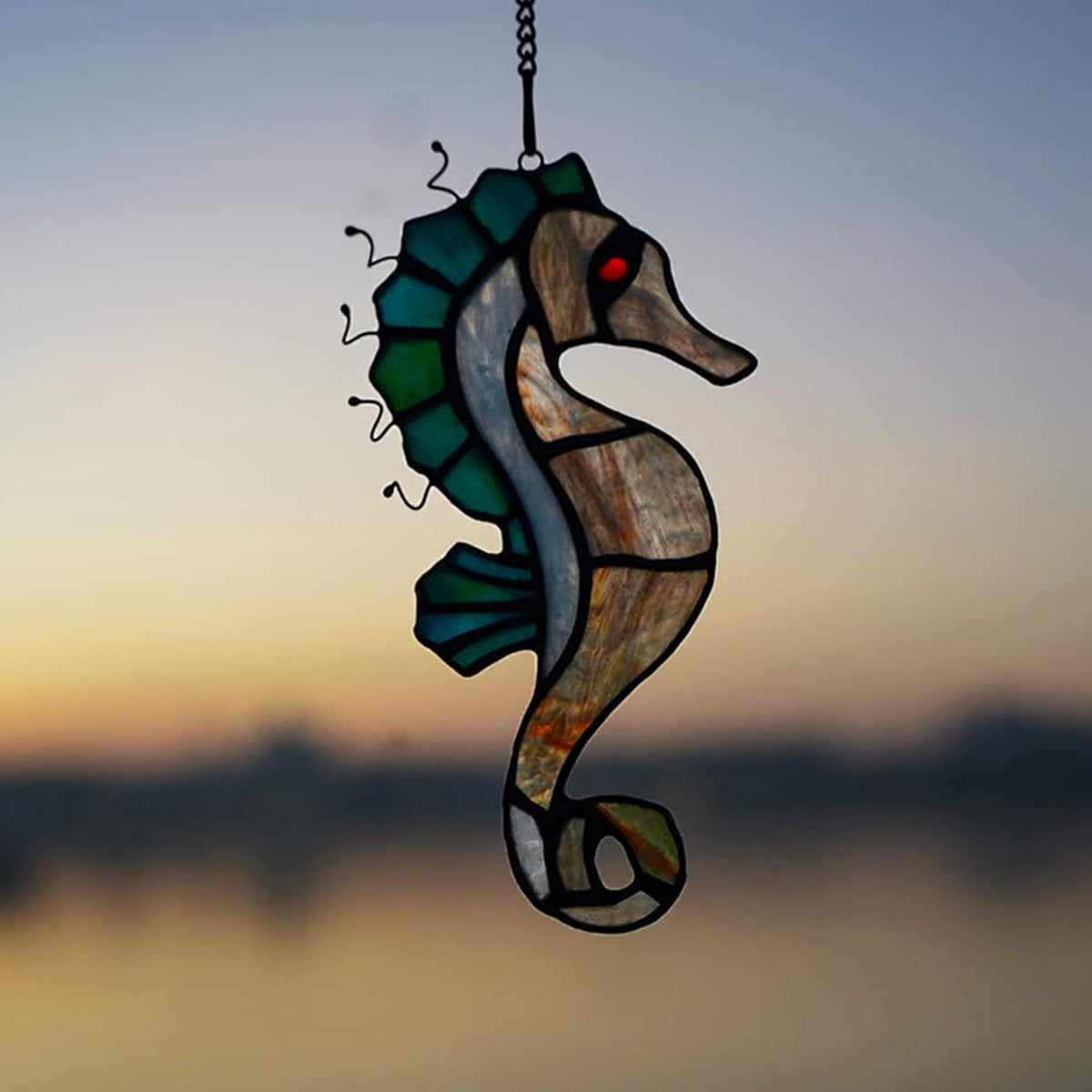Seahorse Decor Stained Glass Window Hanging,Sea Nautical Gift Suncatcher Hanging Ocean Theme Decor