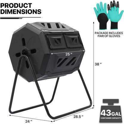 MoNiBloom 43 Gallon Compost Tumbler, Outdoor BPA Free Large Dual Chamber Tumbling Compost Bin
