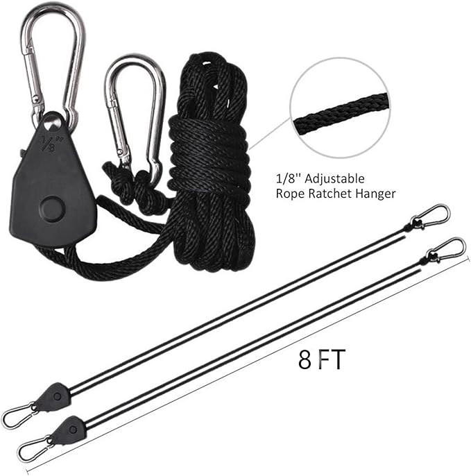 Grow Light Rope Hanger ，1/8" 8-Feet Long Heavy Duty Adjustable Rope Clip Hanger, Adjustable Rope