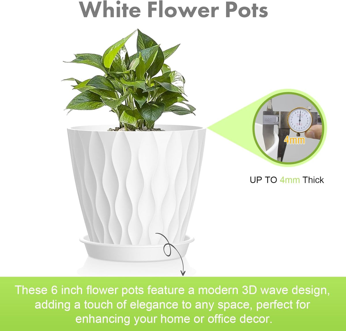 6 inch Flower Pots, 5 Pack Plant Pots for Indoor Outdoor Plants, Water Ripples Plastic Planters