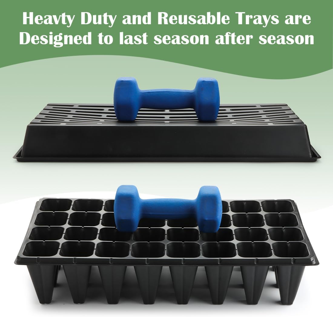 10 Pack 1020 Seedling Starter Trays with 10 Pack 32 Cell Plug Inserts Extra Deep 4.33" - Heavy Duty