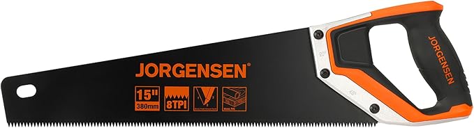 JORGENSEN 15??Hand Saw, Black Coated Coarse Handsaw 8TPI for Wood Cutting, Ergonomic Non-Slip